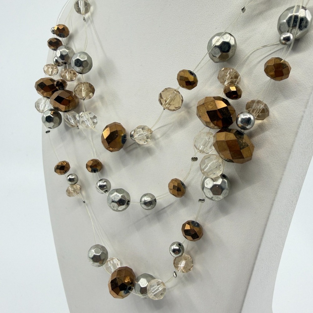 Multi Strand Beads Necklace Bronze & Silver Tone with Clear Crystals - Picture 6 of 13